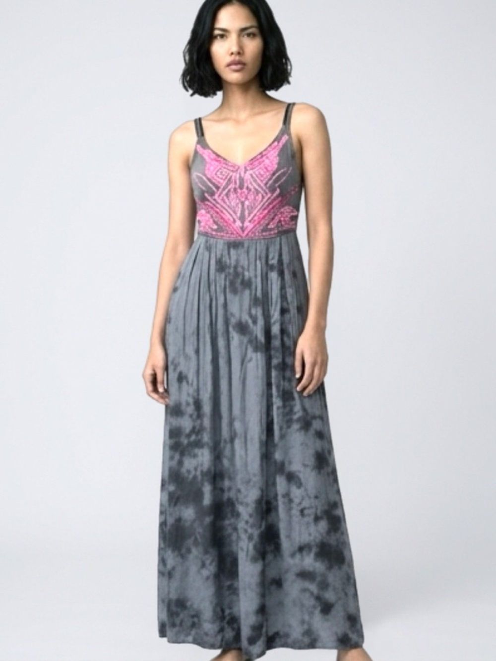 Anthropologie Japan Maxi Dress XS Grey Tie Dye Pink Embroidered Boho Smocked